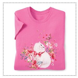 AZALEA SITTING KITTY WOMEN PRINTED TEE SHORT SLEEVE CAUSAL‎ COTTON PINK L